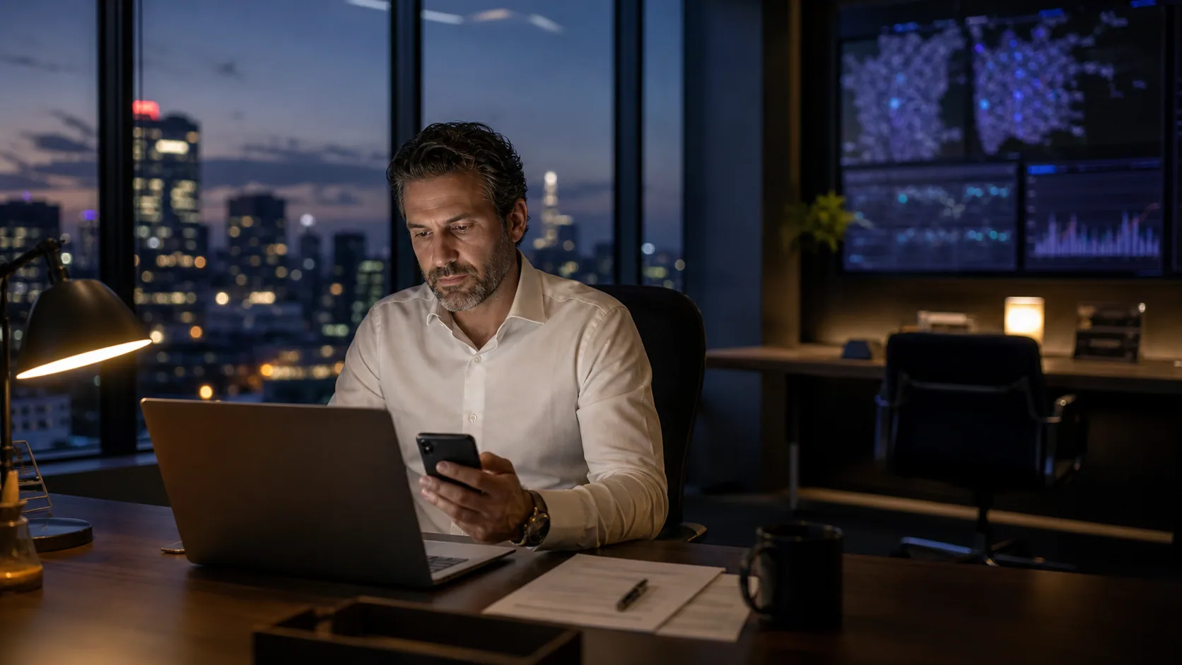 Advisor working a live client opportunity after hours from a brokerage office