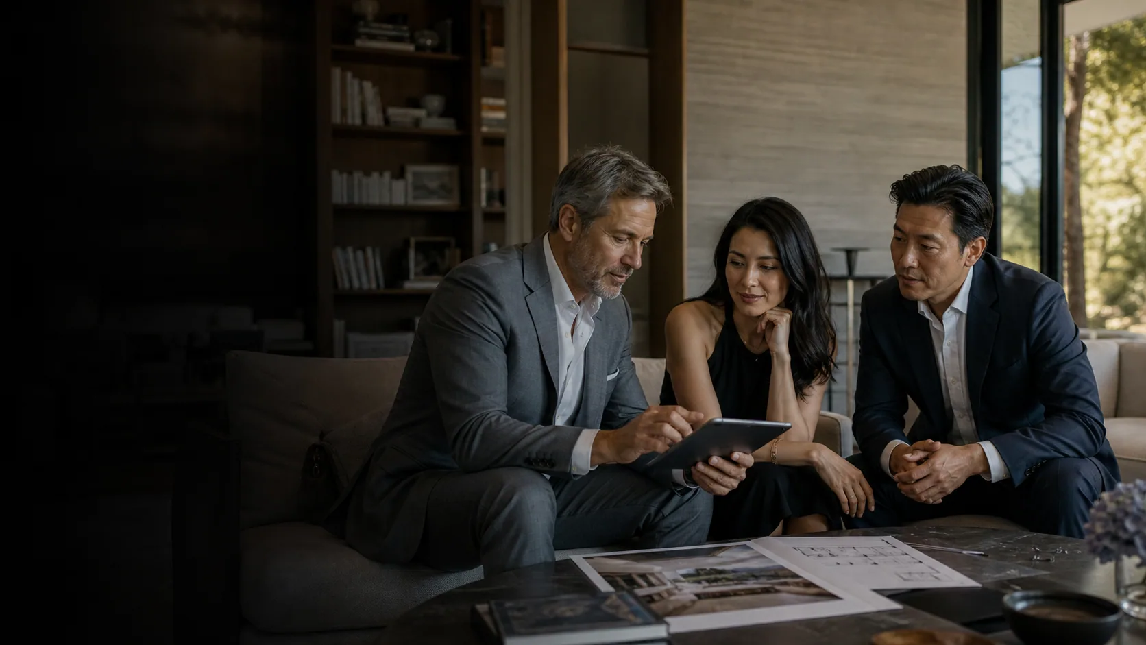Luxury real estate advisor guiding a discreet private-client consultation